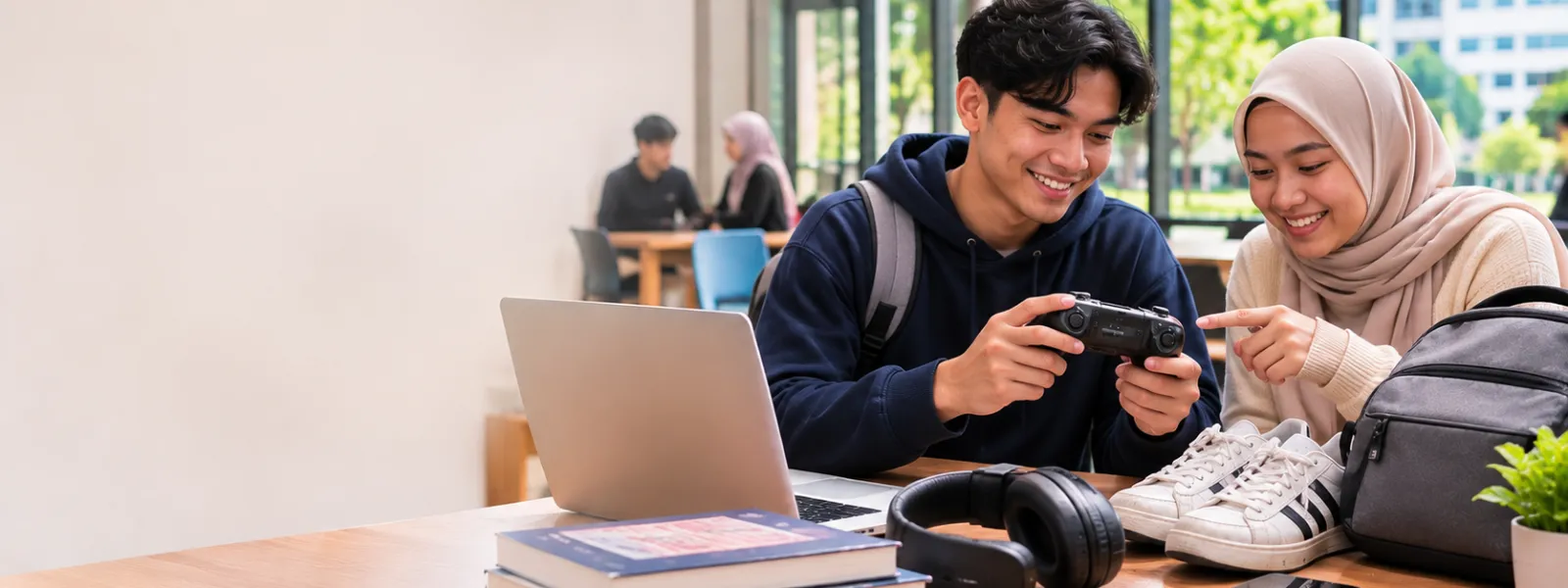 Students playing a video game together in the campus library
